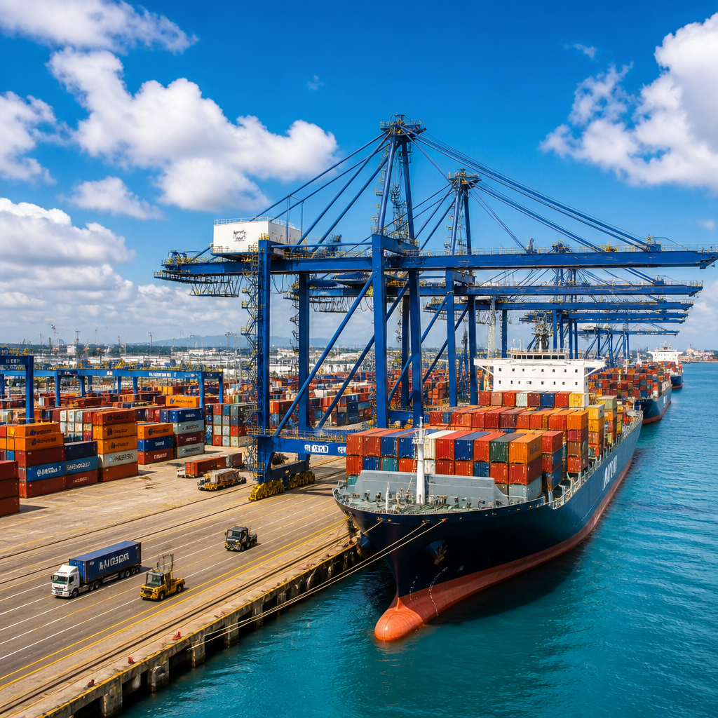 Aerial view of container ship loaded with colourful cargo crossing international waters